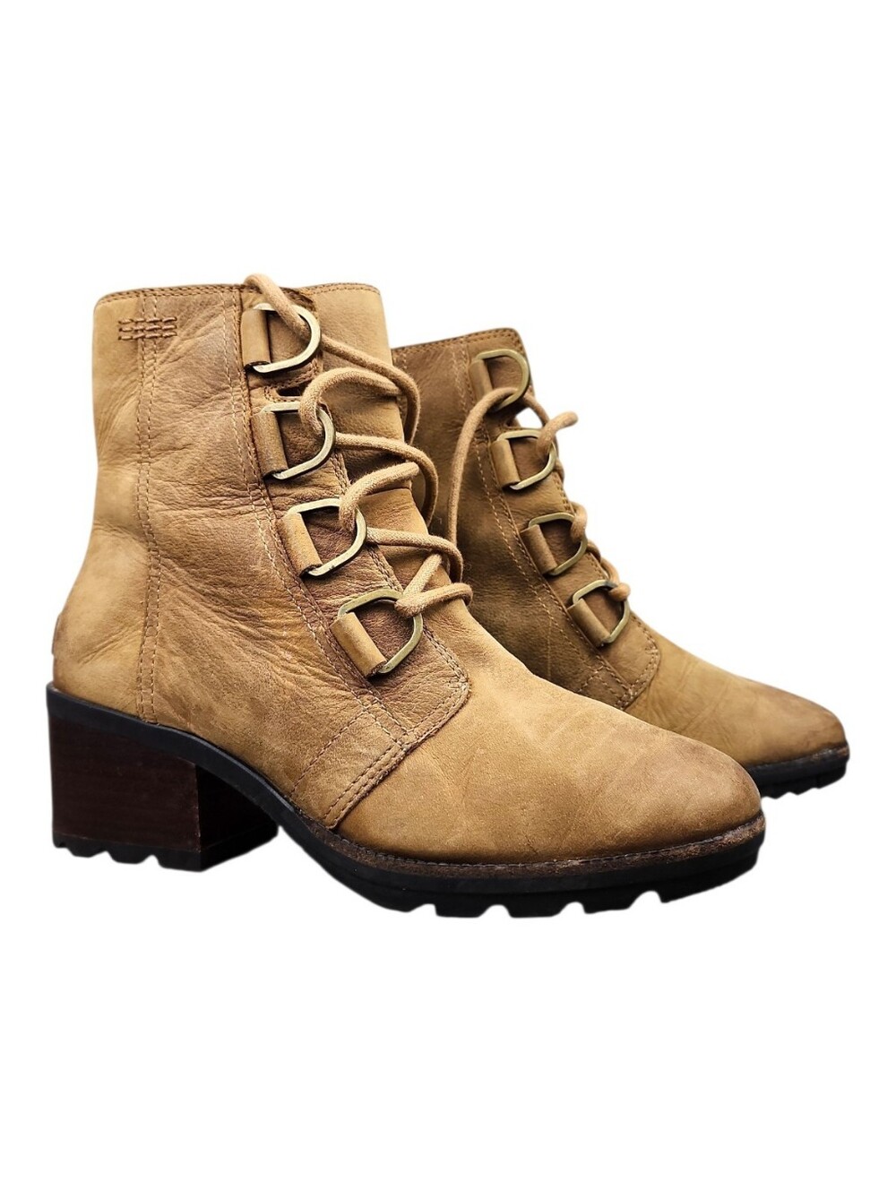 SOREL Women's Cate Lace Waterproof Leather Bootie Burro Tan Block Heel Boots 7
